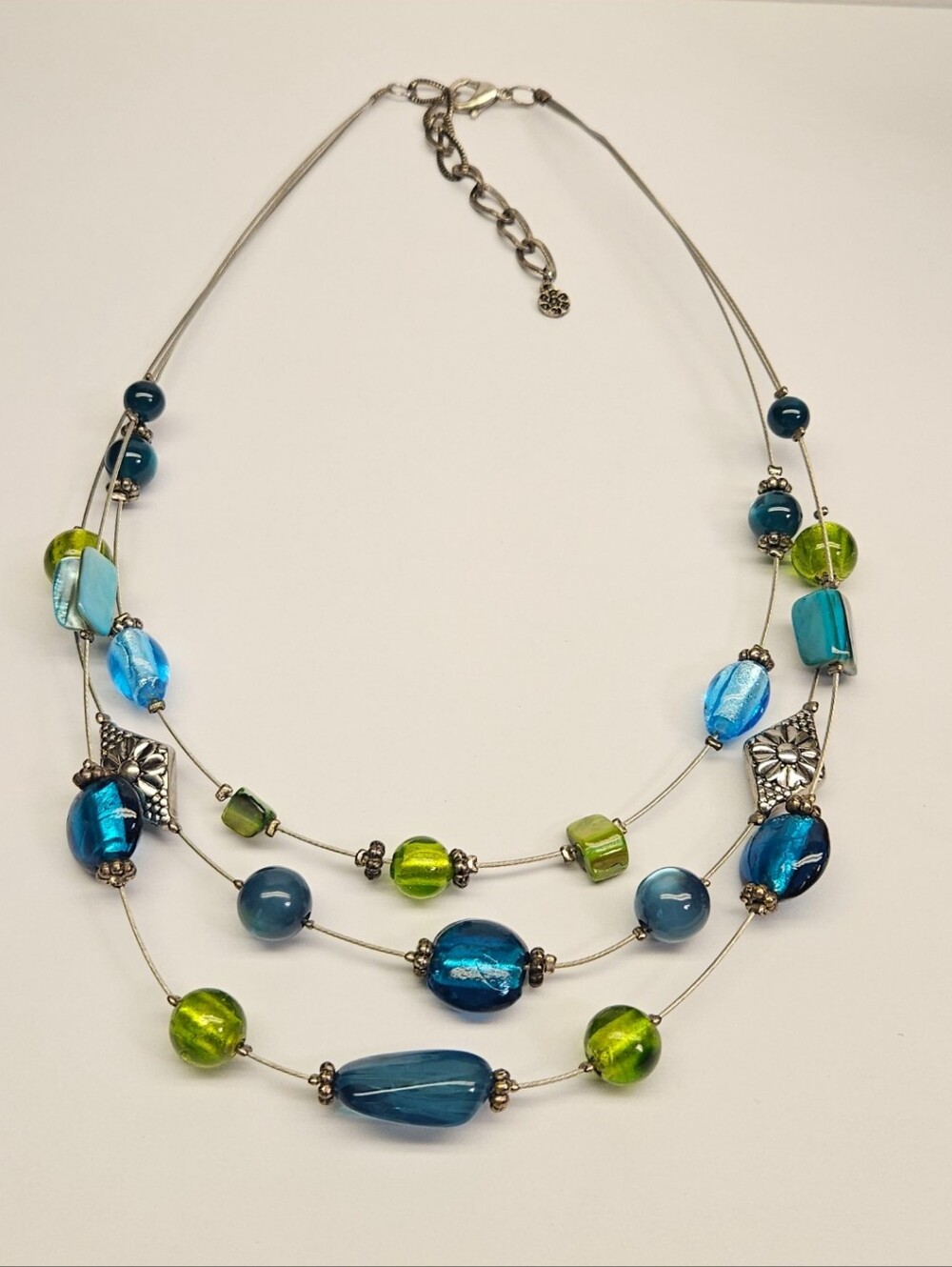 Multi-Strand Blue & Green Glass Bead Necklace